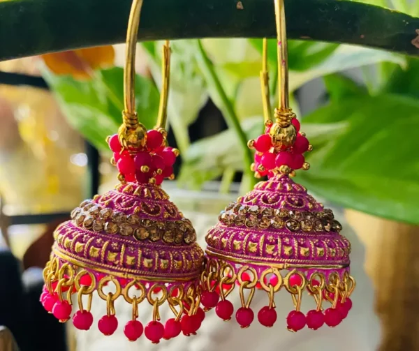 pink jhumka earrings
